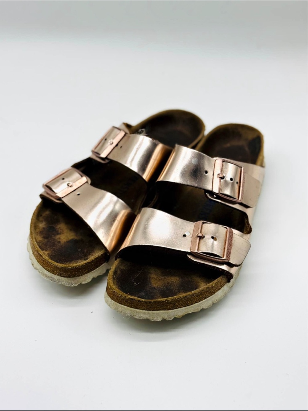 Birkenstock Arizona Metallic Rose Gold Double-Buckle Slide Sandals